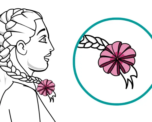 Dessin d'une femme avec une tresse ornée d'une fleur rose. Gros plan sur la tresse et la fleur dans un cercle.