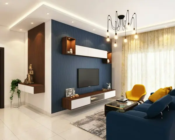 Salones con papel pintado azul rayado, un sofá azul, sillón amarillo y mesa de centro.
