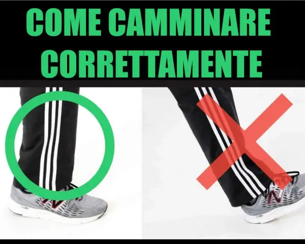 Immagine mostra come camminare correttamente: gamba sinistra con cerchio verde, gamba destra con croce rossa.