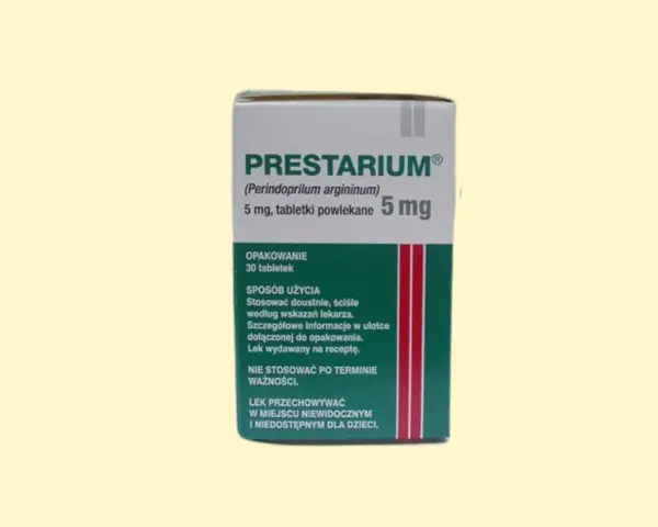 Opakowanie leku Prestarium 5 mg, który jest często wybierany jako najbezpieczniejszy lek na nadciśnienie. Zawiera 30 tabletek.