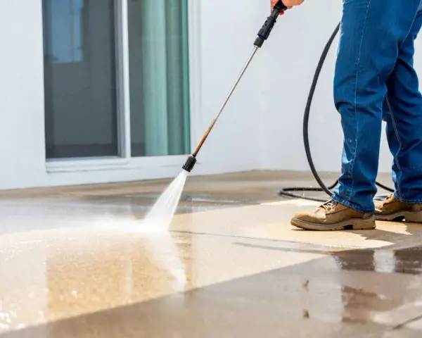 Un homme nettoie sa terrasse carrelage avec un nettoyeur haute pression. L'eau projetée fait briller le sol.