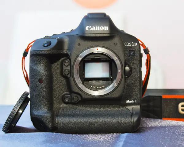 Profesjonalny aparat Canon EOS-1D Mark II, gotowy do pracy. Widoczny przebieg aparatu z obiektywem.