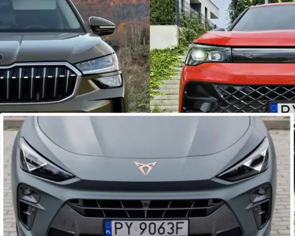 Trzy auta z grupy VAG: Skoda, Volkswagen i Cupra. Każde z nich prezentuje swój unikalny styl i detale.