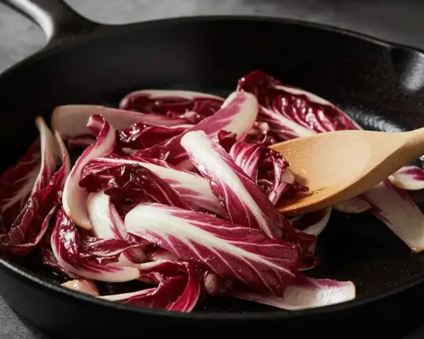 Fette di radicchio rosso vengono saltate in padella con un cucchiaio di legno.