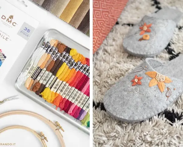 Fili colorati per ricamo a mano e pantofole grigie decorate con fiori ricamati.