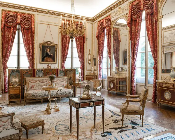 Salón del museo Nissim de Camondo, con tapices, muebles Luis XVI y un retrato.