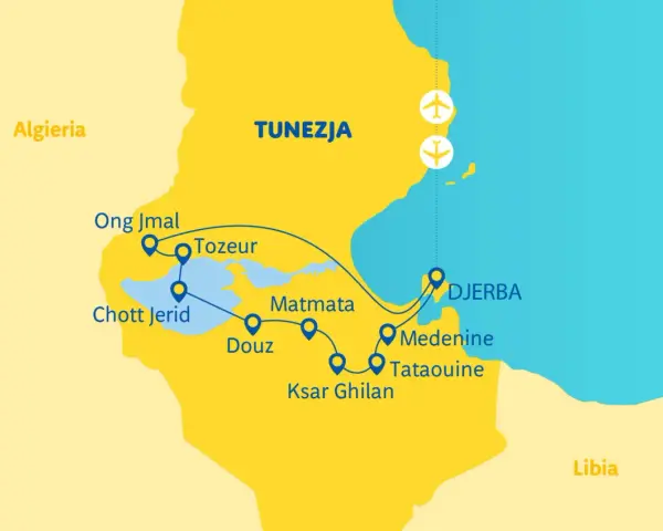 Mapa Tunezji z zaznaczonymi trasami podróży: Tozeur, Djerba, Matmata, Douz, Tataouine. Idealne miejsce na tunezyjskie wakacje!