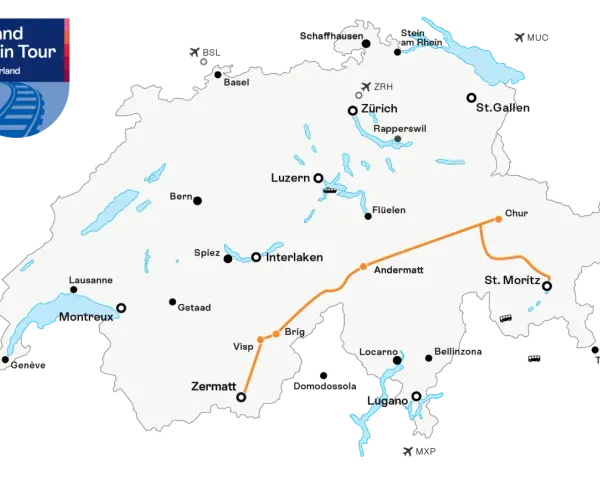 Map showing the Grand Train Tour of Switzerland. The route from Zermatt to Lugano is highlighted in orange, passing through Visp, Brig, Andermatt, and Locarno.