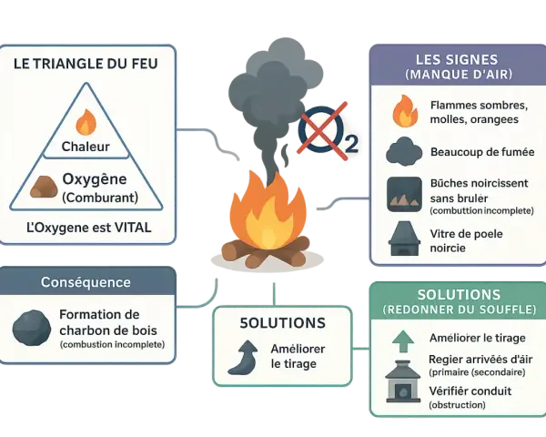 Le feu manque d'air : flammes sombres, fumée, bûches noircissent sans brûler. Le bois qui ne brûle pas est un signe de combustion incomplète. Solutions : améliorer le tirage.