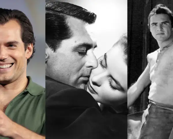 Uśmiechnięty Henry Cavill obok klasycznych scen filmowych.