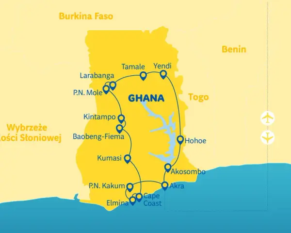 Mapa turystyczna **Ghana Afryka** z zaznaczonymi miastami: Akra, Kumasi, Tamale, wybrzeże Kości Słoniowej. Trasa obejmuje parki narodowe i historyczne miejsca.