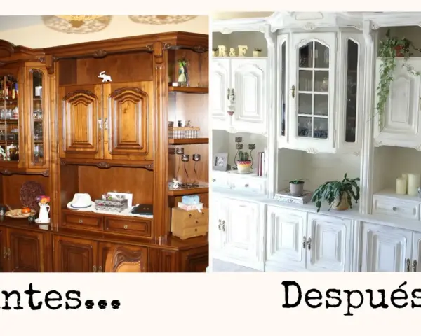 Mueble de madera oscuro transformado a blanco, mostrando cómo decorar muebles con papel decoupage para un estilo renovado y luminoso.