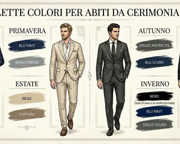 Uomo elegante in abito blu scuro, ideale per un matrimonio. La palette colori suggerisce tonalità per ogni stagione.