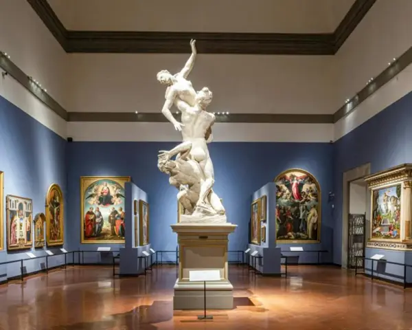 Wnętrze galerii sztuki we Florencji. Marmurowa rzeźba na piedestale, otoczona renesansowymi obrazami na niebieskich ścianach.
