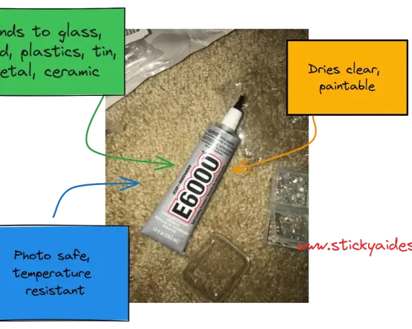 E6000 glue tube shown with notes about its uses. Does E6000 work on silicone? This adhesive bonds to many materials, dries clear, and is paintable.