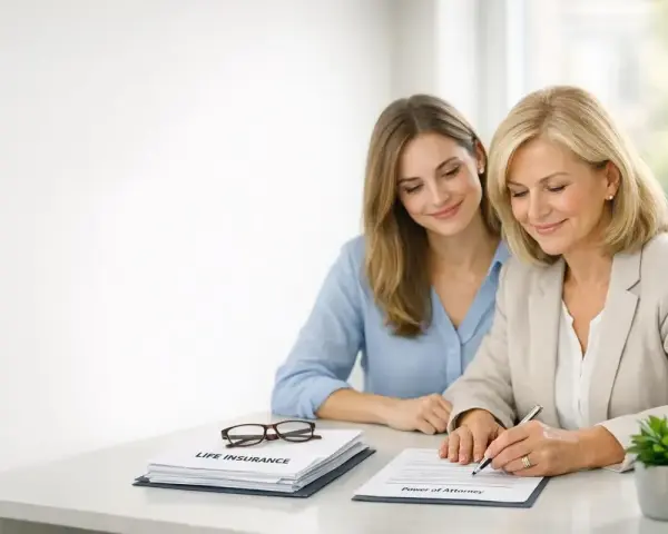 Deux femmes souriantes signent des documents. L'une d'elles rédige une procuration assurance vie.