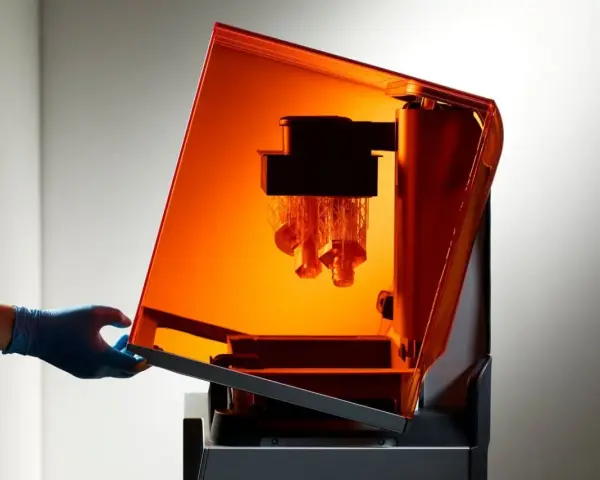 A gloved hand opens the orange lid of a stereolithography 3D printing machine, revealing intricate parts being built layer by layer.