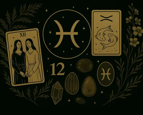 Ryby, jaki żywioł? Symbol zodiaku, karty tarota i kamienie szlachetne tworzą mistyczną kompozycję.