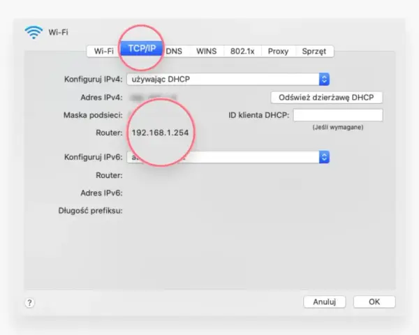 Konfiguracja sieci TCP/IP, gdzie adres routera to 192.168.1.254.