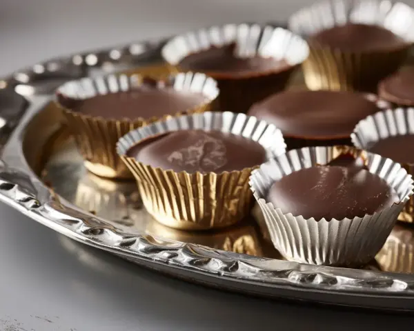 Chokladpraliner i guldfärgade formar på ett silverfat. Perfekt för ett enkelt ischoklad recept.