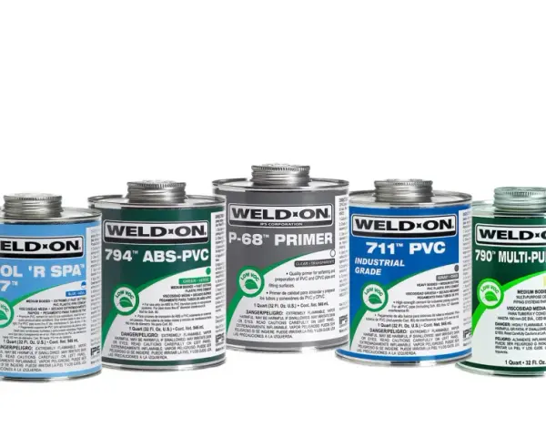 A collection of Weld-On PVC cements and primers, including a tube of 719™ PVC Industrial Grade, cans of Pool 'R Spa 747™, 794™ ABS-PVC, P-68™ Primer, 711™ PVC Industrial Grade, 790™ Multi-Purpose, and 795™ PVC.