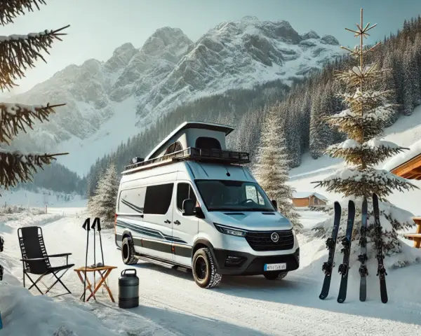 Gotowy na przygodę! Kamperem na narty, z deską snowboardową i nartami czekającymi na śnieżne stoki. Góry i lasy w tle zapraszają.