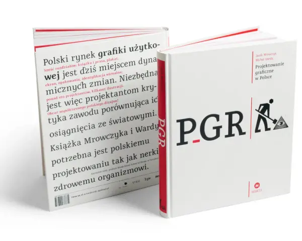 Dwie białe książki o projektowaniu graficznym. Jedna z nich opisuje polski rynek grafiki użytkowej, druga nosi tytuł "Projektowanie graficzne w Polsce".