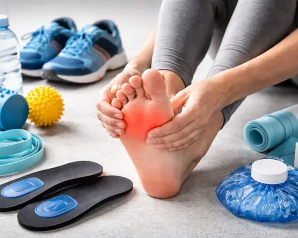 Mani che massaggiano un piede dolente, circondate da attrezzature per la cura dei piedi: scarpe, solette, rulli, palline massaggianti, elastici e impacchi freddi.