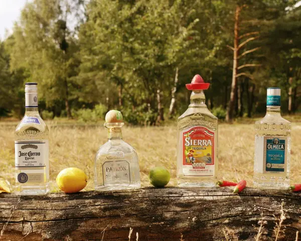 Vier Flaschen Tequila, darunter Jose Cuervo Especial Silver, Sierra Tequila Silver und Olmeca Tequila Blanco, liegen auf einem Baumstamm. Ein Zitronen- und ein Limettenstück sowie Chilis und Tortilla-Chips vervollständigen das Bild. Ob Tequila gold ode...