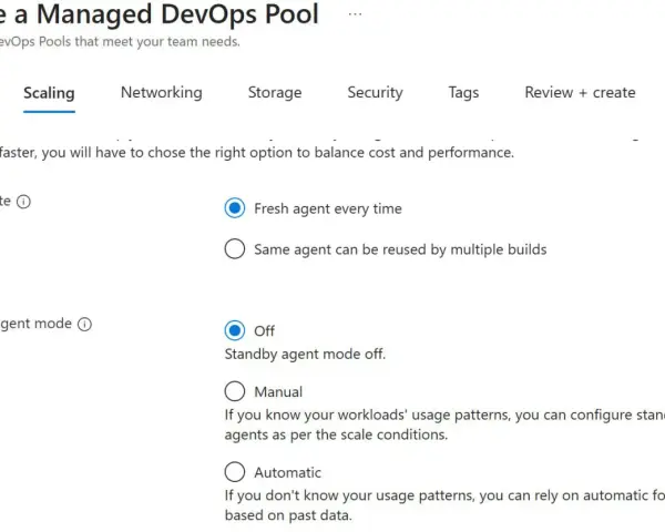 Einstellungen für den Azure DevOps Agent: Agent-Zustand (frisch oder wiederverwendbar) und Standby-Modus (aus, manuell, automatisch).