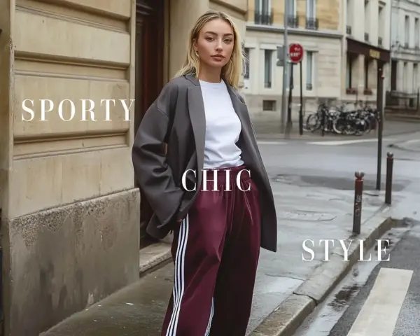 Modella con un outfit vestito con sneakers, blazer grigio, t-shirt bianca e pantaloni bordeaux a righe. Stile sporty chic.