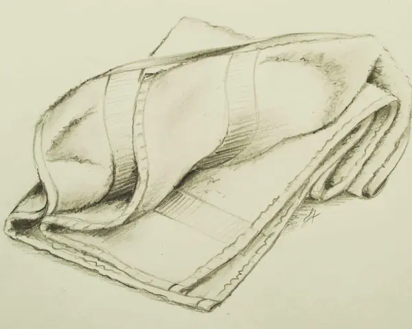 Dessin au crayon d'un drapé de tissu, montrant les plis et les textures avec des ombres subtiles.