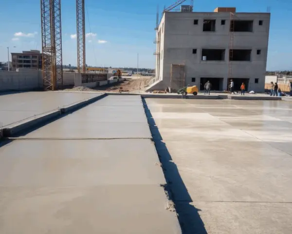 Plac budowy z wylewanym betonem na fundamenty. Widać budynek w stanie surowym, dźwigi i pracowników. Jaki beton na fundament b20 czy b25?