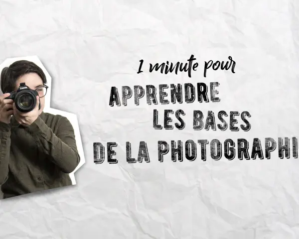 Une personne avec des lunettes tient un appareil photo, prête à capturer le monde. Le texte "1 minute pour apprendre les bases de la photographie" suggère une introduction rapide à cette technique photo.
