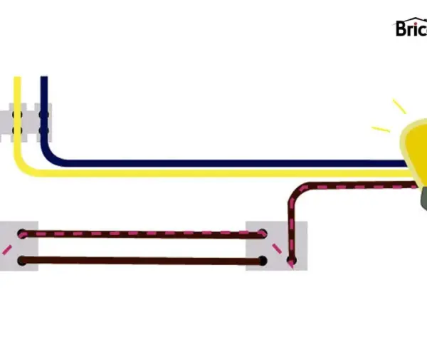 Diagrama ilustra como se conecta un interruptor a una bombilla, mostrando los cables de fase, neutro y tierra.
