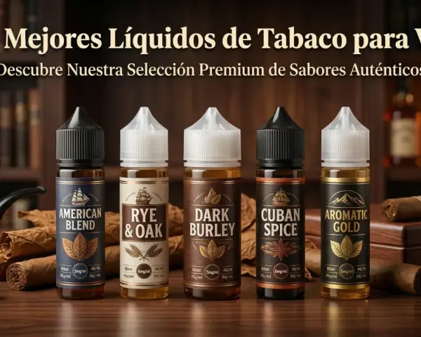 Cinco botellas de eliquid con sabores a tabaco: American Blend, Rye & Oak, Dark Burley, Cuban Spice y Aromatic Gold.