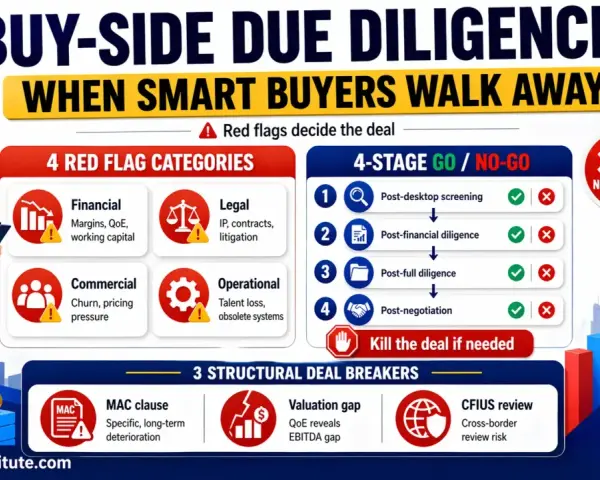 Buy-side due diligence checklist: 4 red flag categories, 4-stage go/no-go process, and 3 structural deal breakers.