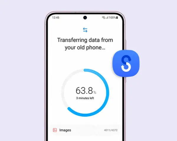 Telefonen överför appar och data från en gammal enhet. 63,8% klart, 3 minuter kvar.