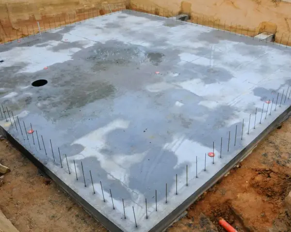 Betonowa płyta fundamentowa z zbrojeniem, gotowa do dalszych prac. Podbijanie fundamentów cena zależy od wielu czynników.