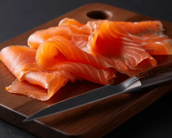 Finas lonchas de salmón ahumado, listas para disfrutar, reposan sobre una tabla de madera junto a un cuchillo.