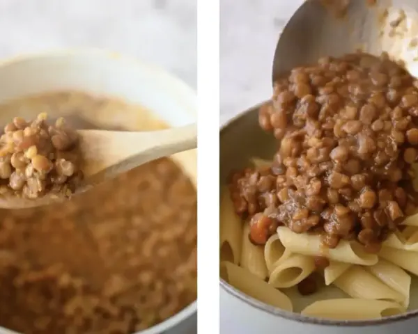 Un cucchiaio mostra un saporito ragù di lenticchie. A destra, il ragù viene versato su penne.