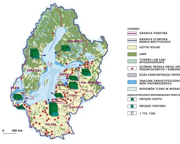 Mapa zlewiska Morza Bałtyckiego: pokazano granice państw, użytki rolne, lasy, źródła zanieczyszczeń, przemysł i stan wód.