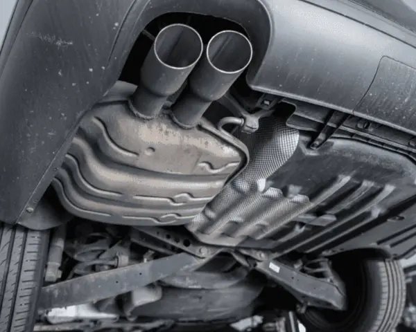 The underside of a car shows a dual exhaust system leading to a large muffler, which is a key component for reducing engine noise.