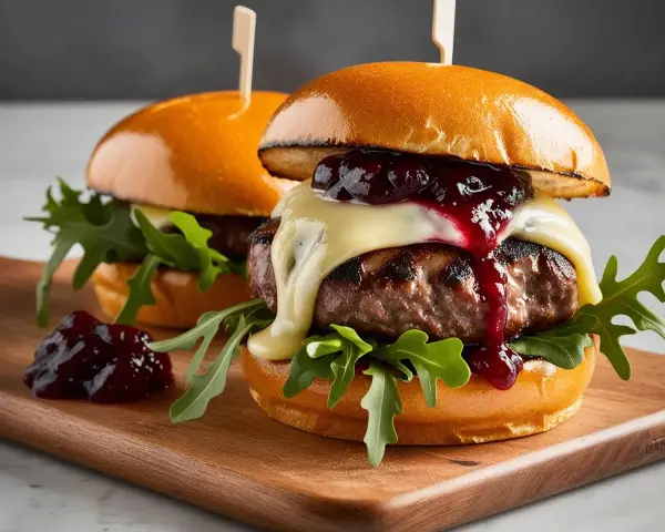 Dwa soczyste burgery wołowe z serem, konfiturą i rukolą na desce.