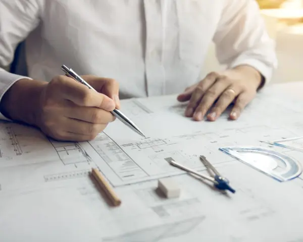 Inżynier z uprawnieniami budowlanymi elektrycznymi analizuje projekt, trzymając długopis nad dokumentacją techniczną.