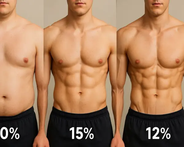 Trois hommes montrent leur progression : 20%, 15% et 12% de masse grasse. La musculation sèche et une alimentation contrôlée, incluant les glucides, transforment le corps.