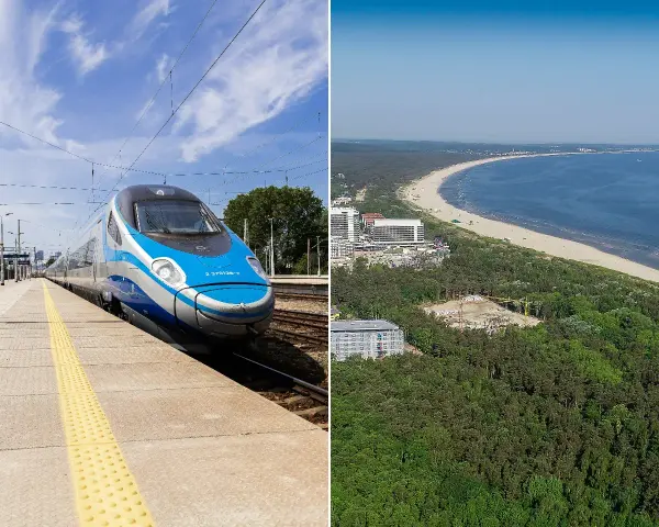 Szybki pociąg Pendolino na stacji i widok na plażę z mewą w tle.