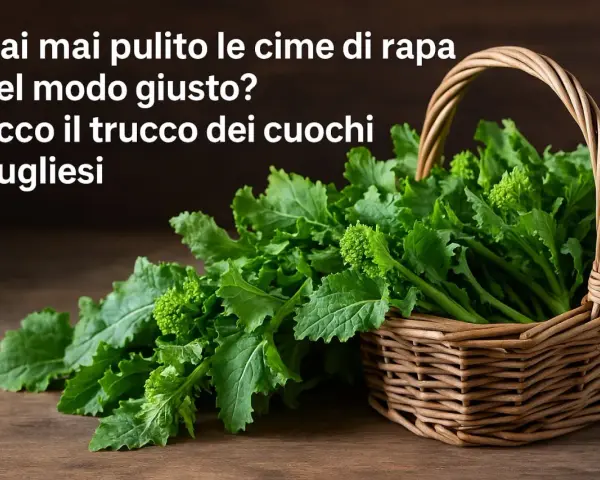 Cime di rapa fresche in un cesto di vimini, pronte per gustose ricette pugliesi.