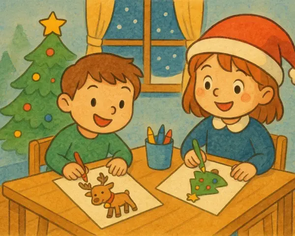 Två barn sitter vid ett bord och ritar julmotiv. Flickan med tomteluva ritar en julgran, pojken ritar en ren. En julgran står i bakgrunden. Det är en del av 365 rita jul.