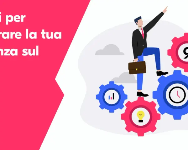 Uomo d'affari sale su ingranaggi, simbolo di un percorso efficiente ed efficace verso il successo lavorativo.